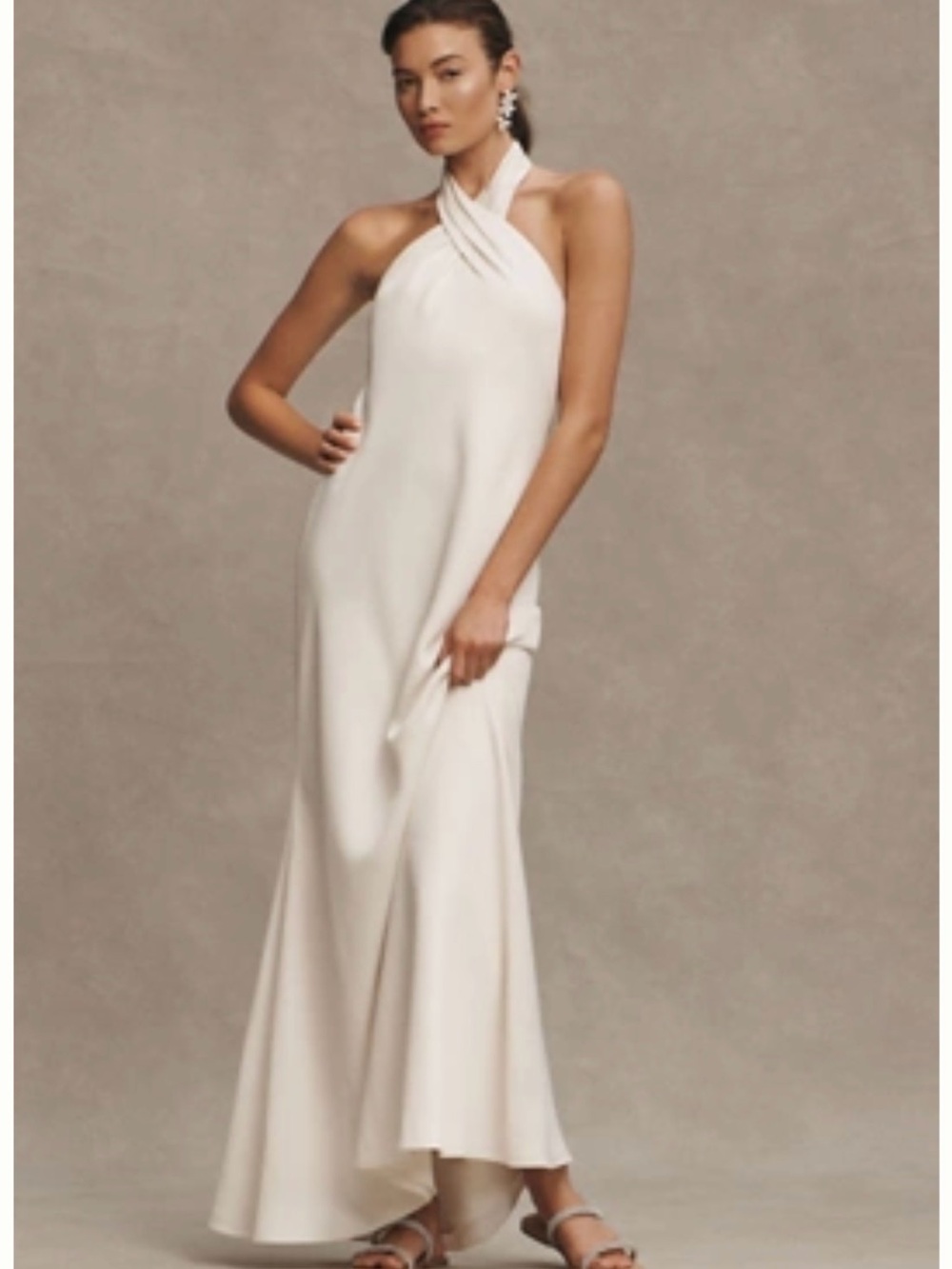 BHLDN RUBY TWIST HALTER SATIN GOWN Ivory | Twisted Halter Maxi Dress